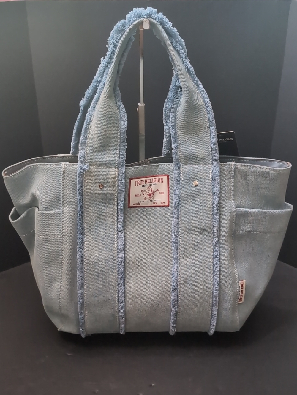 NWT,True Religion ,Frayed Handle Light Blue Denim Tote Bag.
